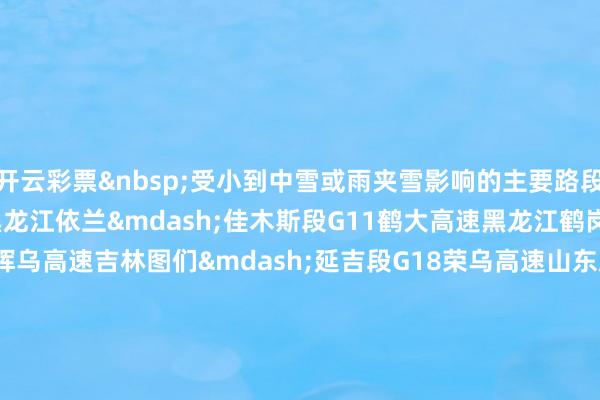 开云彩票&nbsp;受小到中雪或雨夹雪影响的主要路段有：G1011哈同高速黑龙江依兰&mdash;佳木斯段G11鹤大高速黑龙江鹤岗&mdash;佳木斯段G12珲乌高速吉林图们&mdash;延吉段G18荣乌高速山东威海境内路段威青高速山东威海境内路段111国谈黑龙江讷河&mdash;内蒙古大杨树&mdash;加格达皆段201国谈黑龙江鹤岗&mdash;桦南段、吉林大蒲柴河&mdash;通化段202国谈黑龙江黑河&mdash;明水段203国谈黑龙江明水境内路段207国谈内蒙古锡林浩特&mdash;太仆寺旗段216国谈新疆阜康境内路段219国谈新疆提热艾力&mdash;西藏那木如&mdash;萨嘎段221国谈黑龙江依兰&mdash;富锦段222国谈黑龙江庆安&mdash;伊春段302国谈吉林珲春&mdash;安图段303国谈吉林集安&mdash;柳河段、内蒙古林西&mdash;锡林浩特段305国谈内蒙古林西境内路段306国谈内蒙古克什克腾旗境内路段314国谈新疆布伦口&mdash;红其拉甫港口段315国谈青海茫崖&mdash;青新省界&mdash;新疆依吞布拉克段318国谈西藏尼木&mdash;仁布段、西藏定日&mdash;聂拉木段受雾影响的主要路段有：G4京港澳高速武汉&mdash;湖北咸宁段G5京昆高速四川新津&mdash;雅安段G15沈海高速杭州&mdash;浙江奉化段G1512甬金高速浙江宁波境内路段、浙江金华境内路段G1522常台高速浙江绍兴境内路段G25长深高速浙江金华境内路段G42沪蓉高速四川遂宁&mdash;大英段G50沪渝高速湖北黄梅&mdash;潜江段、重庆长命&mdash;重庆段G55二广高速鄂湘省界境内路段G5513长张高速湖南常德&mdash;慈利段G56杭瑞高速江西九江境内路段G60沪昆高速杭州&mdash;杭州段、浙江金华&mdash;衢州段G65包茂高速川渝省界&mdash;重庆&mdash;重庆界石段G70福银高速江西九江&mdash;湖北黄梅&mdash;武汉段G75兰海高速川渝省界&mdash;重庆合川&mdash;綦江段G76厦蓉高速四川泸州&mdash;简阳段、成都境内路段G85渝昆高速重庆&mdash;四川隆昌&mdash;宜宾段G92杭州湾环线杭州&mdash;浙江上虞段、浙江宁波境内路段G93成渝环线成都境内路段、四川遂宁&mdash;重庆潼南&mdash;四川雅安&mdash;成都段龙丽高速浙江龙游境内路段随岳高速湖北仙桃境内路段成灌高速成都境内路段成温邛高速成都&mdash;四川邛崃段104国谈杭州&mdash;浙江绍兴段105国谈湖北黄梅&mdash;江西九江段106国谈湖北麻城&mdash;大冶段、湖北通山境内路段107国谈武汉&mdash;湖北咸安段108国谈成都&mdash;四川雅安段207国谈湖北公安&mdash;鄂湘省界&mdash;湖南澧县&mdash;常德段209国谈湖南永顺境内路段210国谈重庆&mdash;重庆綦江段212国谈川渝省界&mdash;重庆合川&mdash;重庆段213国谈成都&mdash;四川沐川段316国谈湖北浮图&mdash;武汉段317国谈成都境内路段318国谈湖北罗田&mdash;潜江段、四川蓬溪&mdash;简阳段、成都&mdash;四川天全段319国谈湖南太子庙&mdash;常德段、湖南泸溪&mdash;吉首段、重庆涪陵&mdash;四川安岳&mdash;简阳段320国谈浙江龙游境内路段321国谈四川纳溪&mdash;简阳段329国谈杭州&mdash;浙江宁波段    -开云彩票(中国)官方网站